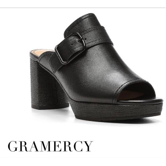 Donald J. Pliner Gramercy Black Leather Square Toe Buckle Slip On Heels Shoes 6 - Picture 1 of 11
